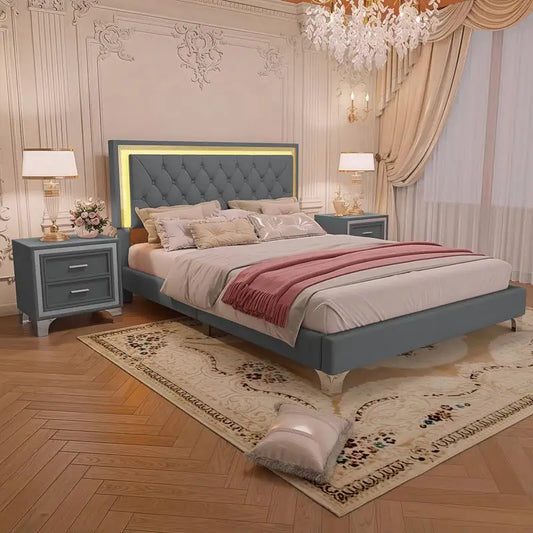 Queen Size Upholstered Platform Bed with LED Lights and 2 Nightstands in Gray - 3-Piece Bedroom Set