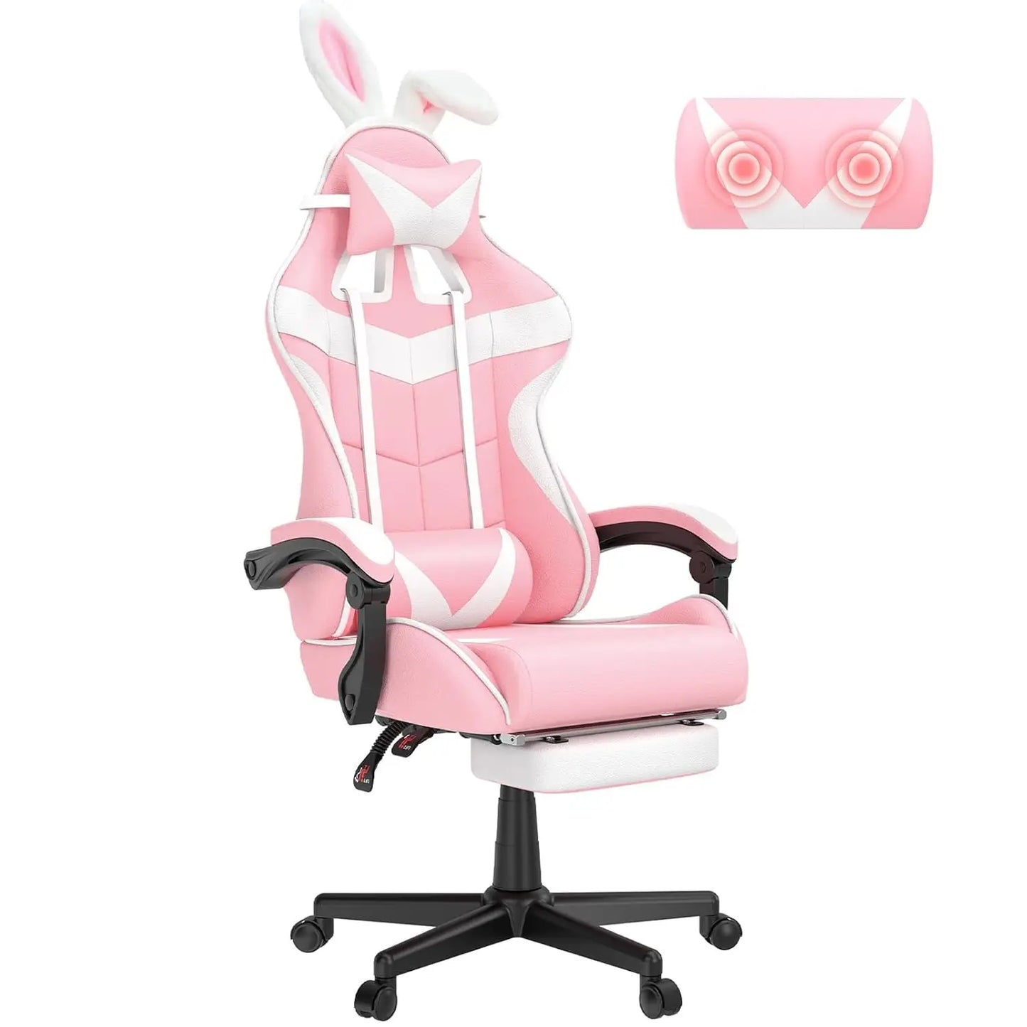 Pink Ergonomic Gaming Chair with Bunny Ears Footrest Headrest Lumbar Support for Home Office