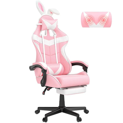 Pink Ergonomic Gaming Chair with Bunny Ears Footrest Headrest Lumbar Support for Home Office