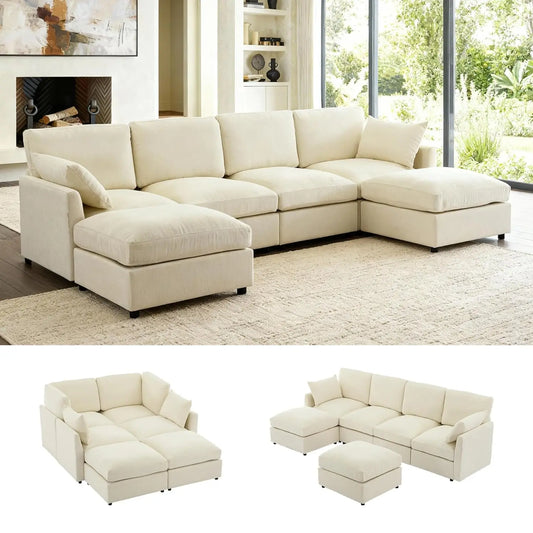 Modular Sectional Couch for Living Room, Spring Cushion Seating, Modern 6 Seater Convertible U Shaped Sofa with Ottoman, Beige |
