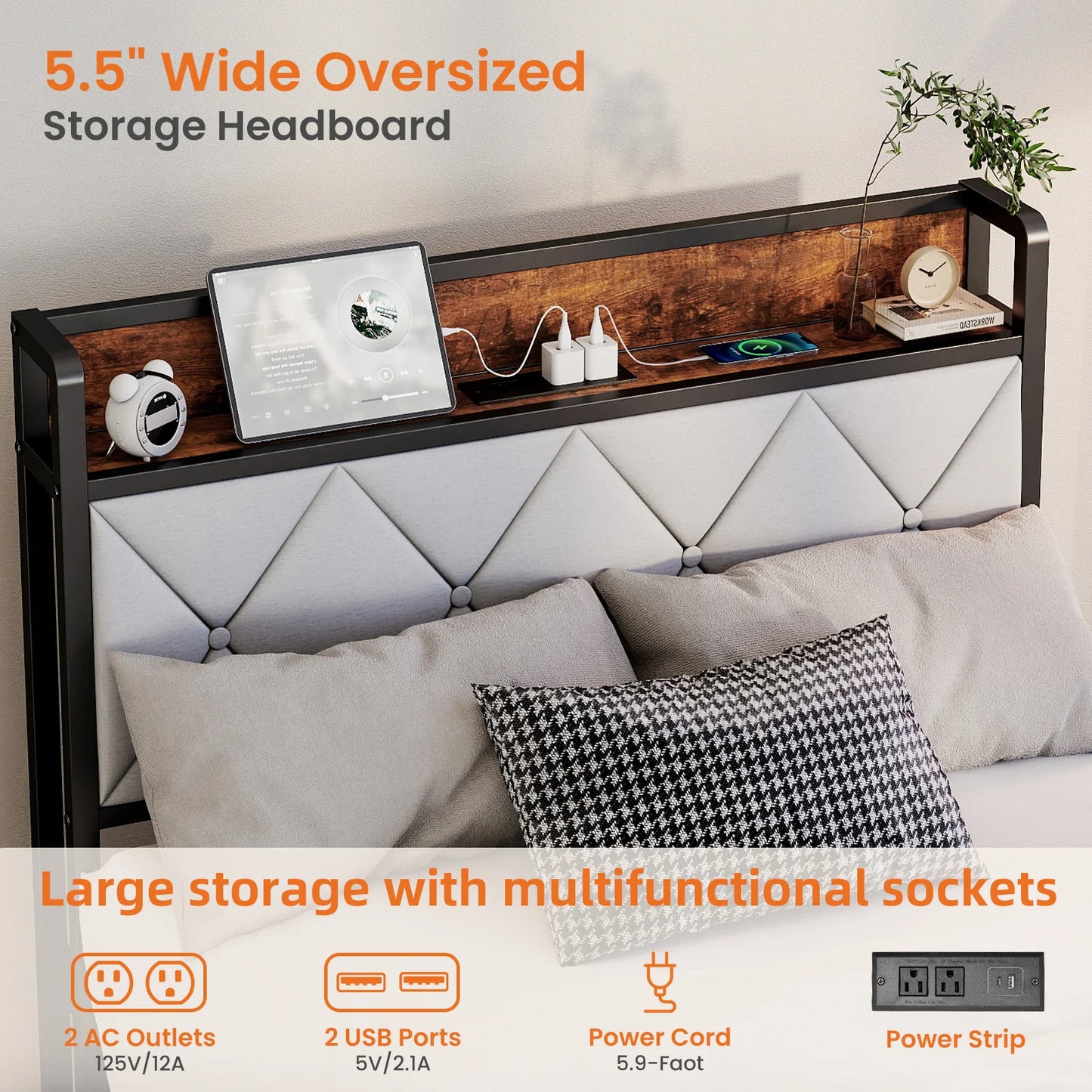 Twin Size Metal Bed Frame with Storage Headboard No Box Spring Needed Easy Assembly Durable Squeak-Free Frame With USB Charging Station For Home Bedroom