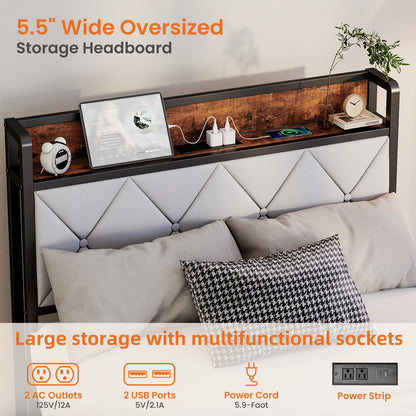 Twin Size Metal Bed Frame with Storage Headboard No Box Spring Needed Easy Assembly Durable Squeak-Free Frame With USB Charging Station For Home Bedroom