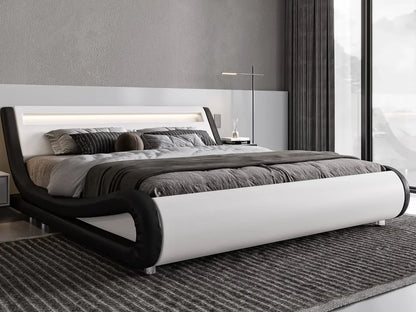 Queen Size LED Platform Bed Frame with Adjustable Headboard/No Box Spring Need/Easy Assembly/Faux Leather in Black