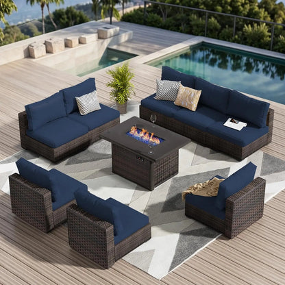 9 Pieces Outdoor Sectional Patio Furniture Set with Fire Pit Table PE Rattan Wicker Patio Sectional Armless, Customized