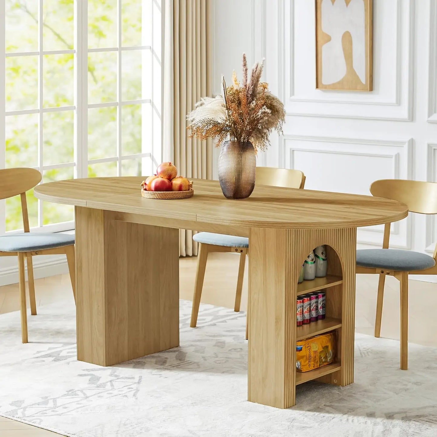 Round Fluted Base Modern Oval Expandable Kitchen Dining Table ,41-78in Seats 4-8