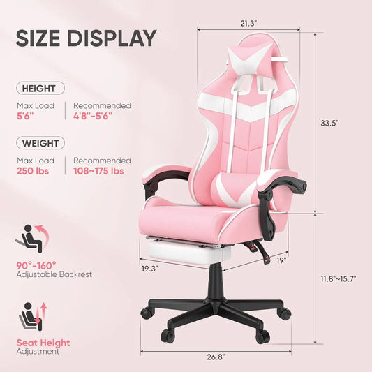 Pink Ergonomic Gaming Chair with Bunny Ears Footrest Headrest Lumbar Support for Home Office