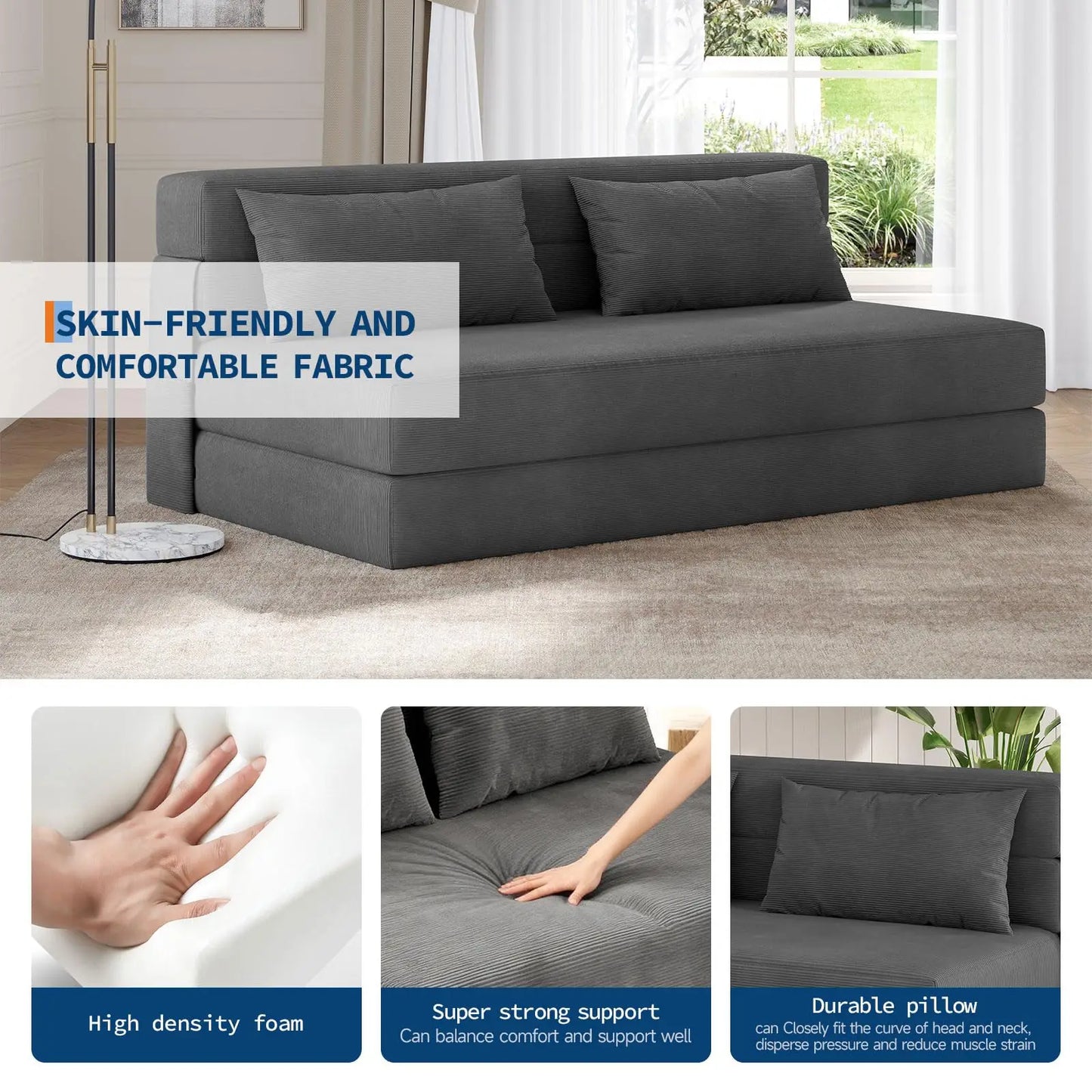 4-in-1 Folding Convertible  Bed Sleeper Soft Corduroy Loveseat Couch With Pillow Space-Saving Fold Out Chair Bed For Room