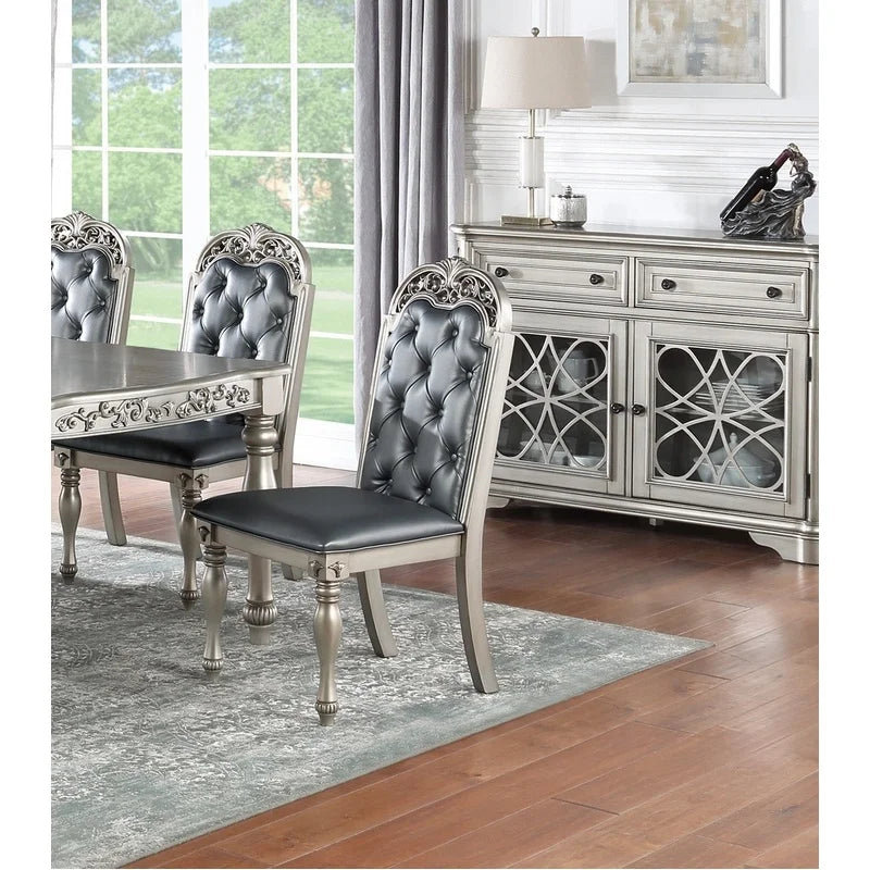 Formal Silver Grey 7-Piece Dining Set with 6 Side Chairs,  Intricate Carved Design, Tufted Back and Cushioned Seats