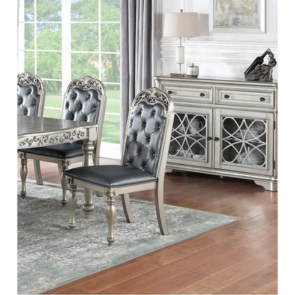 Formal Silver Grey 7-Piece Dining Set with 6 Side Chairs,  Intricate Carved Design, Tufted Back and Cushioned Seats