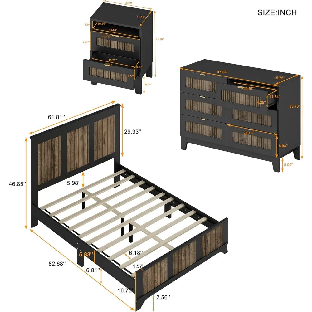 4 Piece Queen Bedroom Set, Queen Size Platform Bed with 2 Nightstands and Dresser,