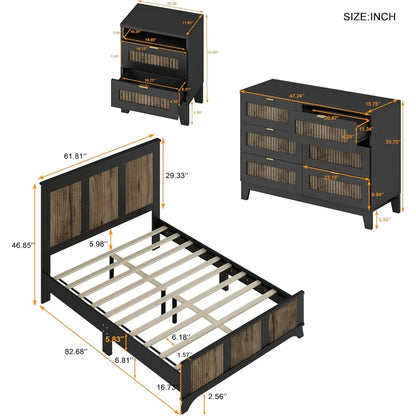 4 Piece Queen Bedroom Set, Queen Size Platform Bed with 2 Nightstands and Dresser,