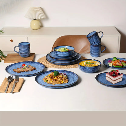 16pcs Blue Threaded Ceramic Dinnerware Set - A Reactive Change Glaze Dish Set Including Plates, Pasta Bowls, Soup Bowls, And Mugs, Serving 4 People, High Quality Stoneware Suitable for Gifting, Valentine's Day, Parties, And W