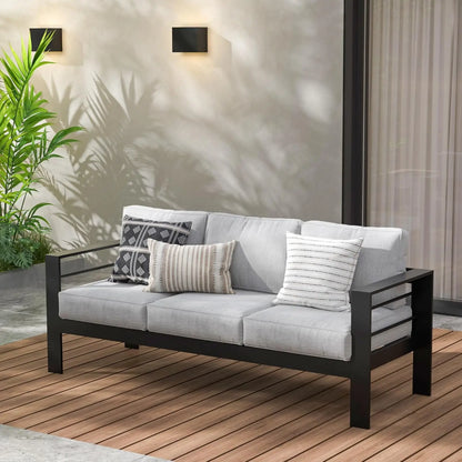 All-Weather Outdoor 3 Seats Couch, Black Metal Chair with Light Grey Cushions