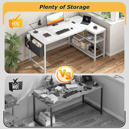 40" White L Shaped Corner Desk with Storage Shelves Side  Power Outlets