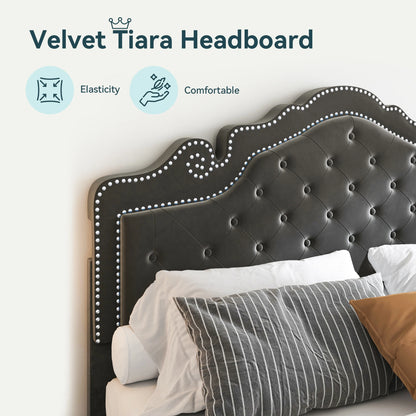 Full/Queen/King Size Velvet Bed Frame with Adjustable Tiara Headboard, Diamond Tufted Upholstered Platform Bed