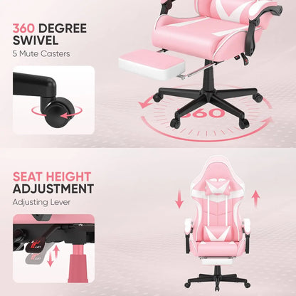 Pink Ergonomic Gaming Chair with Bunny Ears Footrest Headrest Lumbar Support for Home Office