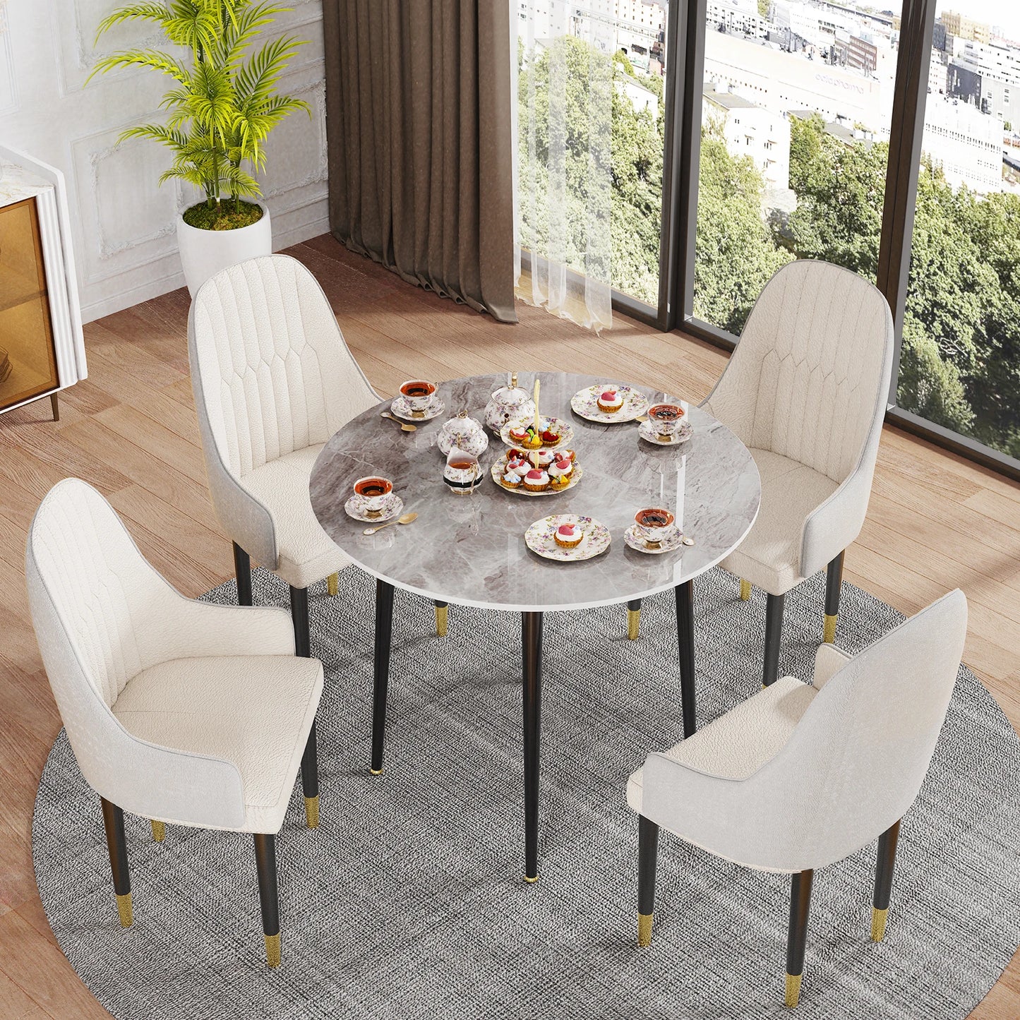 32" Round Stone Dining Table  for 2-4 Person - Small Kitchen Table with Black Metal Legs