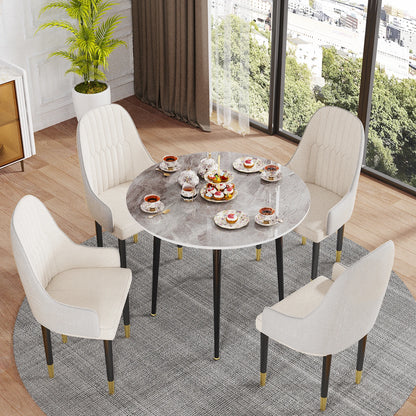 32" Round Stone Dining Table  for 2-4 Person - Small Kitchen Table with Black Metal Legs