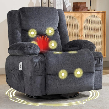Swivel Recliner Chair w/ Massage & Heat, Rocker, Side Pocket & 2 Cup Holders