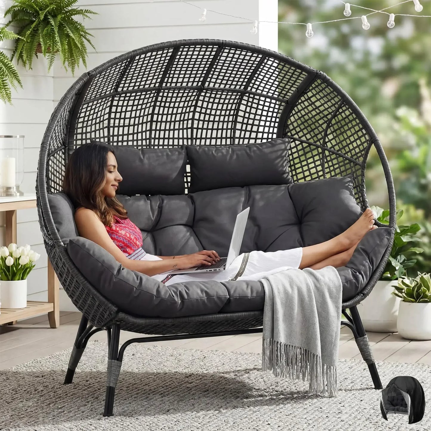 Indoor / Outdoor Stationary Oversized Double Egg Chair   6.5" Thick Padded Cushions, 2 Person Wicker Egg Loveseat Chair