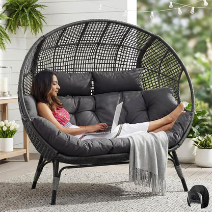 Indoor / Outdoor Stationary Oversized Double Egg Chair   6.5" Thick Padded Cushions, 2 Person Wicker Egg Loveseat Chair
