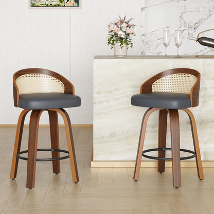 Set of 2 Swivel Bar Stools, Modern Wood Frame with Rattan Back, PU Leather Seat for Kitchen Counter, Bar Table