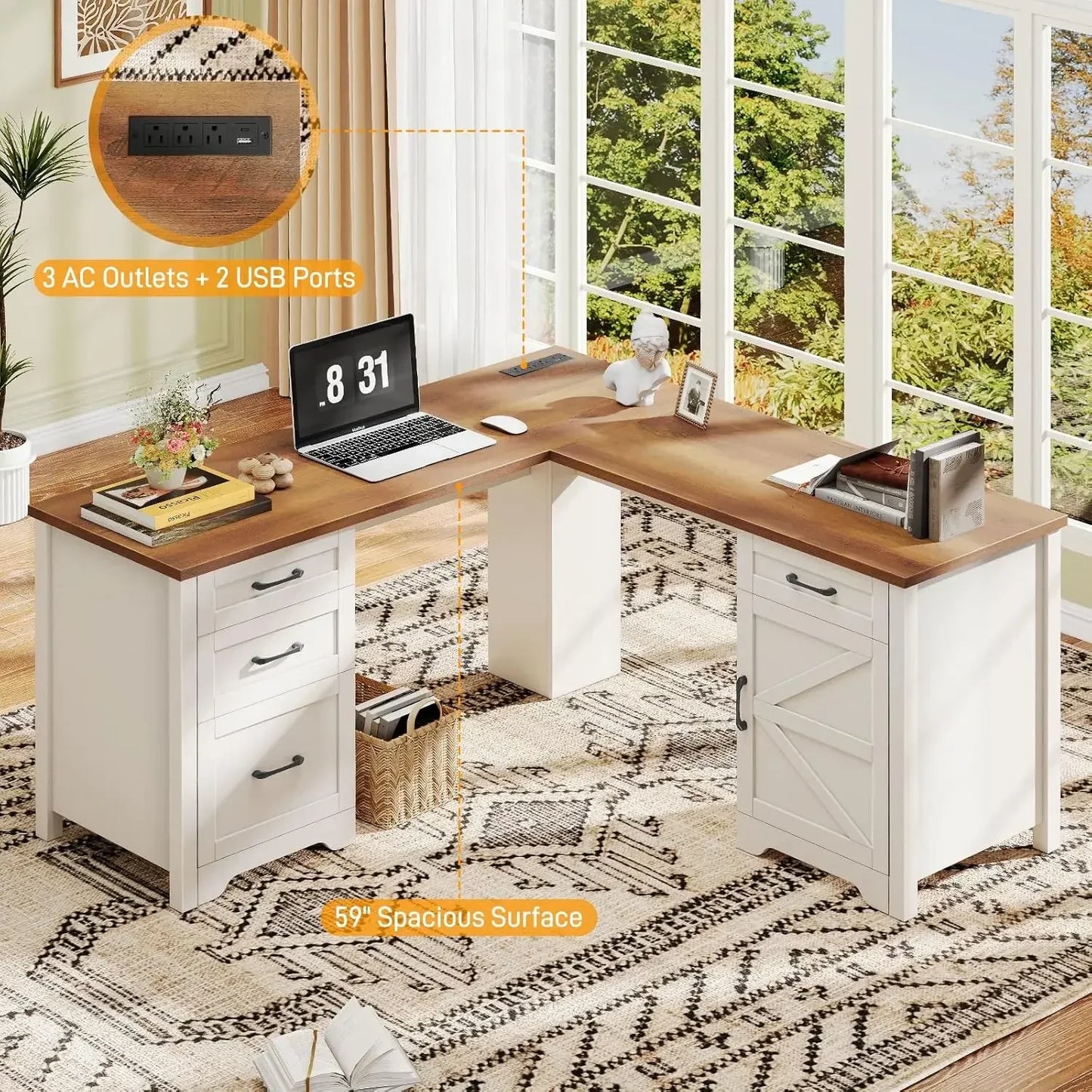 59” L Shaped  Home Office Desk with Flie Drawer,Stroage Cabinet, Wood Corner Sturdy with Power Outlets