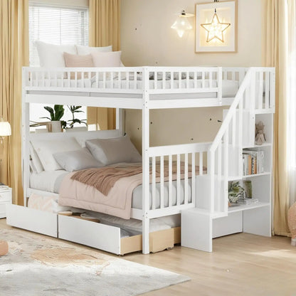 Full Over Full Bunk Bed with Drawers Stairs Storage Shelves Wood Frame for Kids Teens Adults Bedroom Furniture, Customized