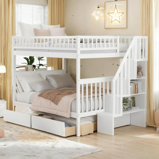 Full Over Full Bunk Bed with Drawers Stairs Storage Shelves Wood Frame for Kids Teens Adults Bedroom Furniture, Customized