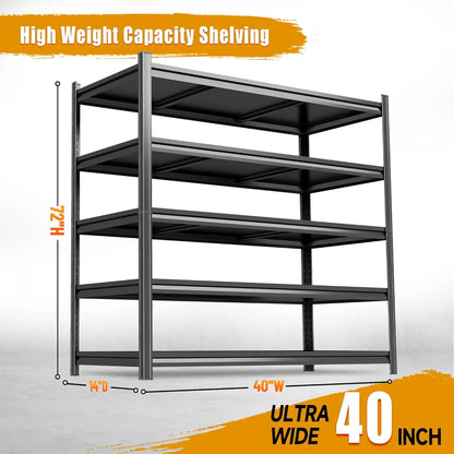 5 Tier Heavy Duty Garage Shelving 72''H X 40''W Metal Storage Shelves Adjustable 3000 Lbs Capacity Customized Organization