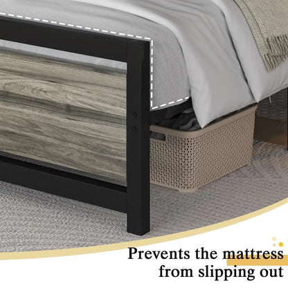 Queen Size Metal Platform Bed Frame with Headboard, 10.5 Inch Underbed Storage Clearance, Heavy Duty Steel Slat Support, No Box Spring Required, Easy Assembly