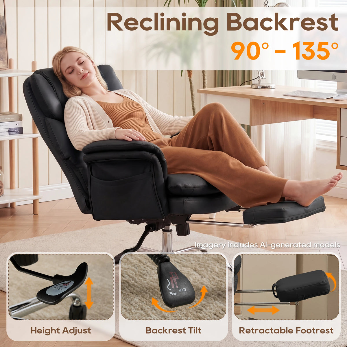 Big and Tall Executive Office Chair, Ergonomic Computer Desk Chair with Adjustable Backrest, Flip Armrests & Footrest for Home & Office
