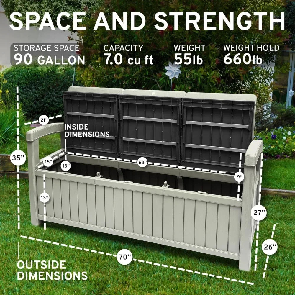 3 Seat Outdoor Storage Bench - 90 Gallon Capacity - Weatherproof Resin Bench for Patio, Porch, Garden, Yard, Pool Area -