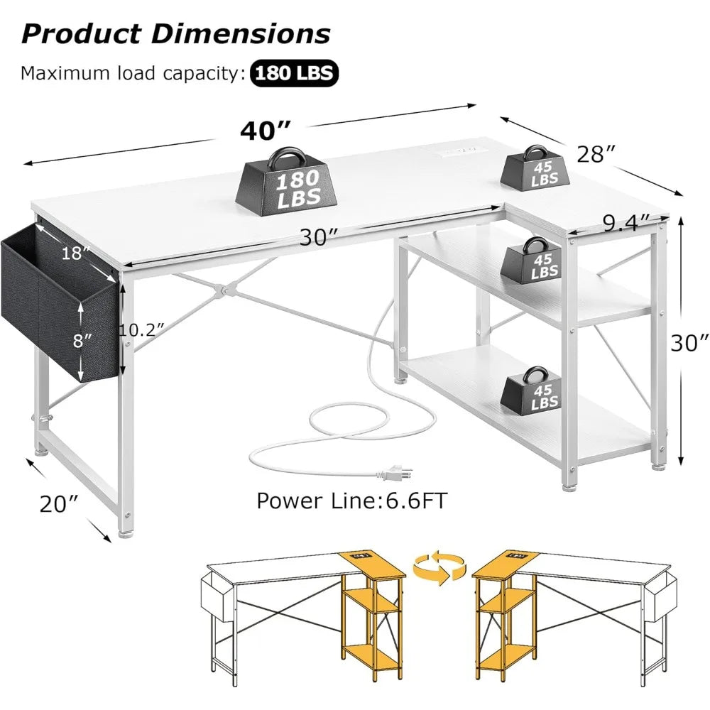 40" White L Shaped Corner Desk with Storage Shelves Side  Power Outlets