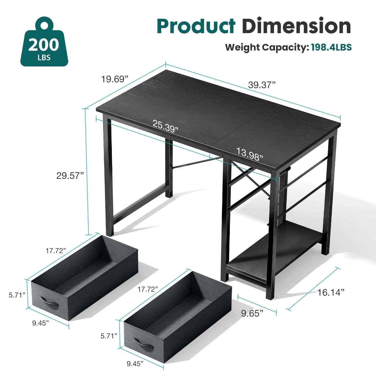 47IN Computer Desk with 2 Drawers For Study Wood Table with Adjustable Position Drawers Modern Work Table for Office or Gaming