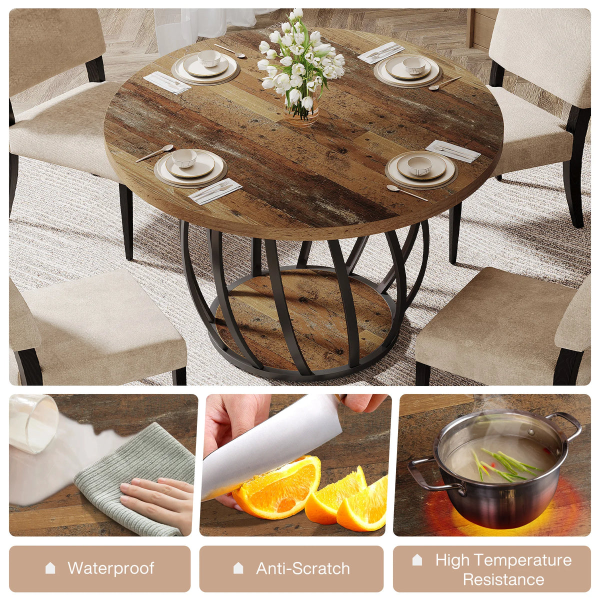 Round Dining Table, 46-Inch(118cm)Wood Kitchen Table with Sturdy Metal Base for 4-6 People,Rustic Brown