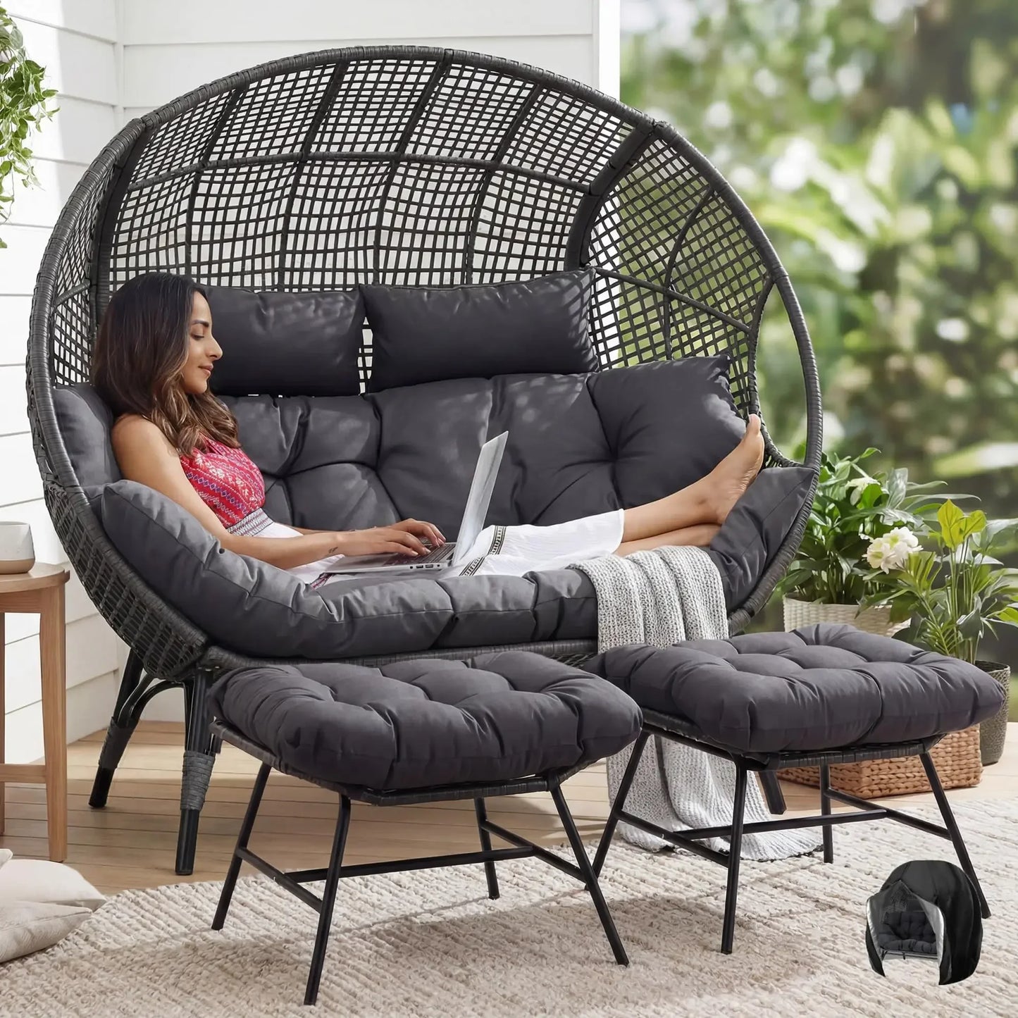 Indoor / Outdoor Stationary Oversized Double Egg Chair   6.5" Thick Padded Cushions, 2 Person Wicker Egg Loveseat Chair