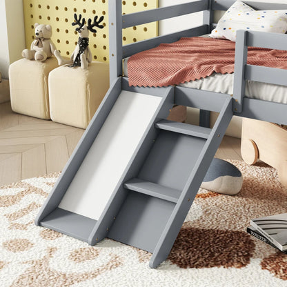 Twin Low Loft House Bed with Slide, Ladder, Safety Guardrails, House Roof Frame