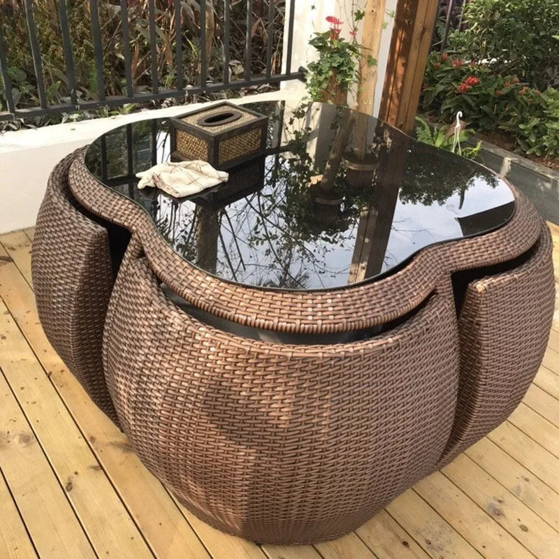 Outdoor Patio Tables and Chairs Set  Waterproof Tempered Glass Tea Table  Rattan Chairs