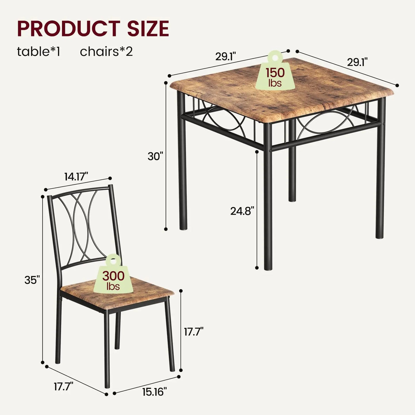 3-Piece Wood Dining Table Set for 2, Compact Square Kitchen Table Set with 2 Upholstered Chairs