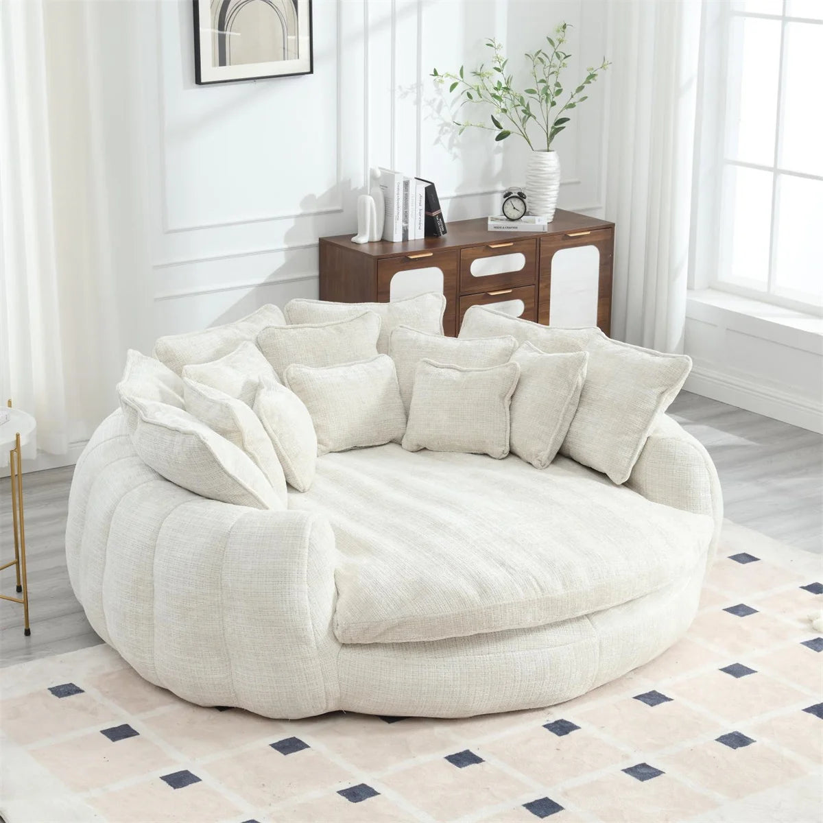 Oversized Round Chaise Lounge Chair with 14 Pillows, Modern Chenille Boneless Couch, Memory Foam