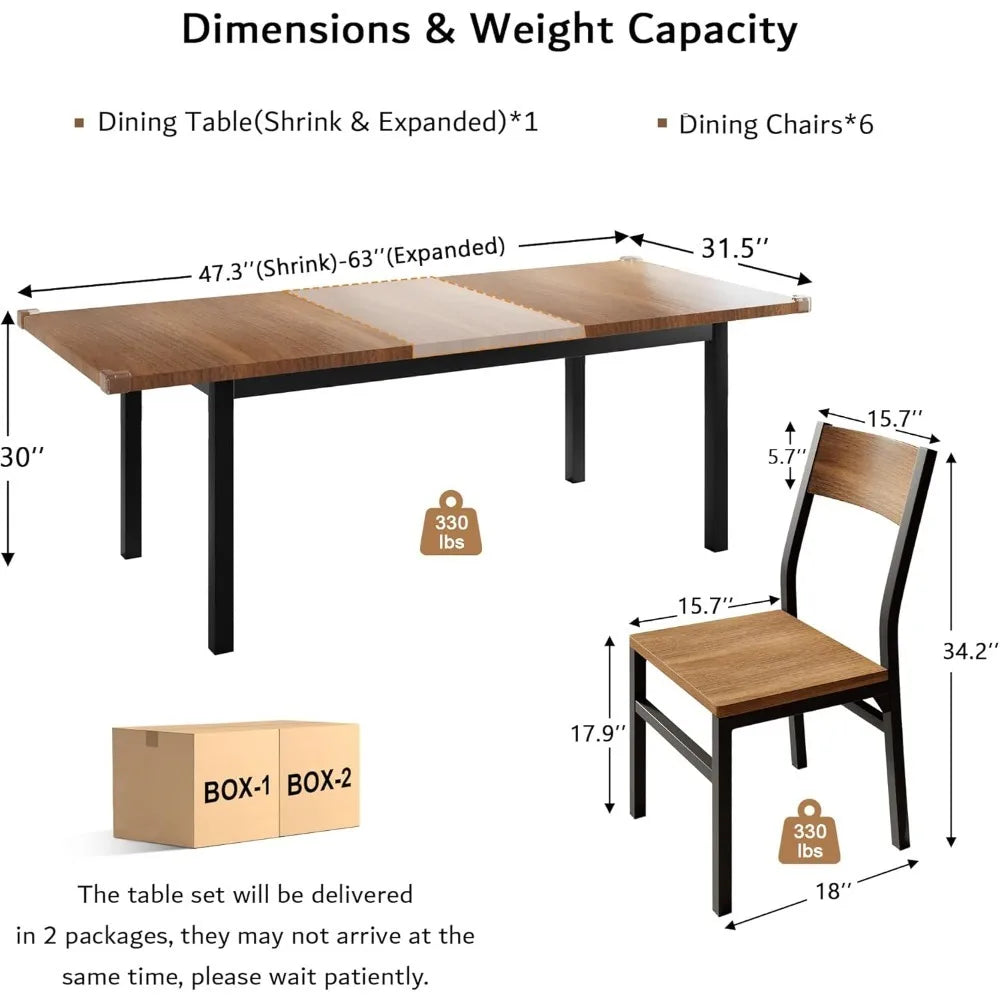 7-Piece Extendable Dining Table Set with 6 Chairs,, Solid Metal Frame & MDF Board,