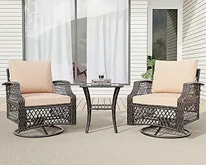 3 Piece Outdoor  Wicker Patio Bistro Set with Thickened 25D Cushions and Glass Coffee Table, Swiveling Chairs