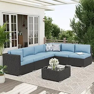 Black Rattan Wicker Sectional  Outdoor Patio Furniture Sofa Set  with Glass Top Table and Cushions (Red)