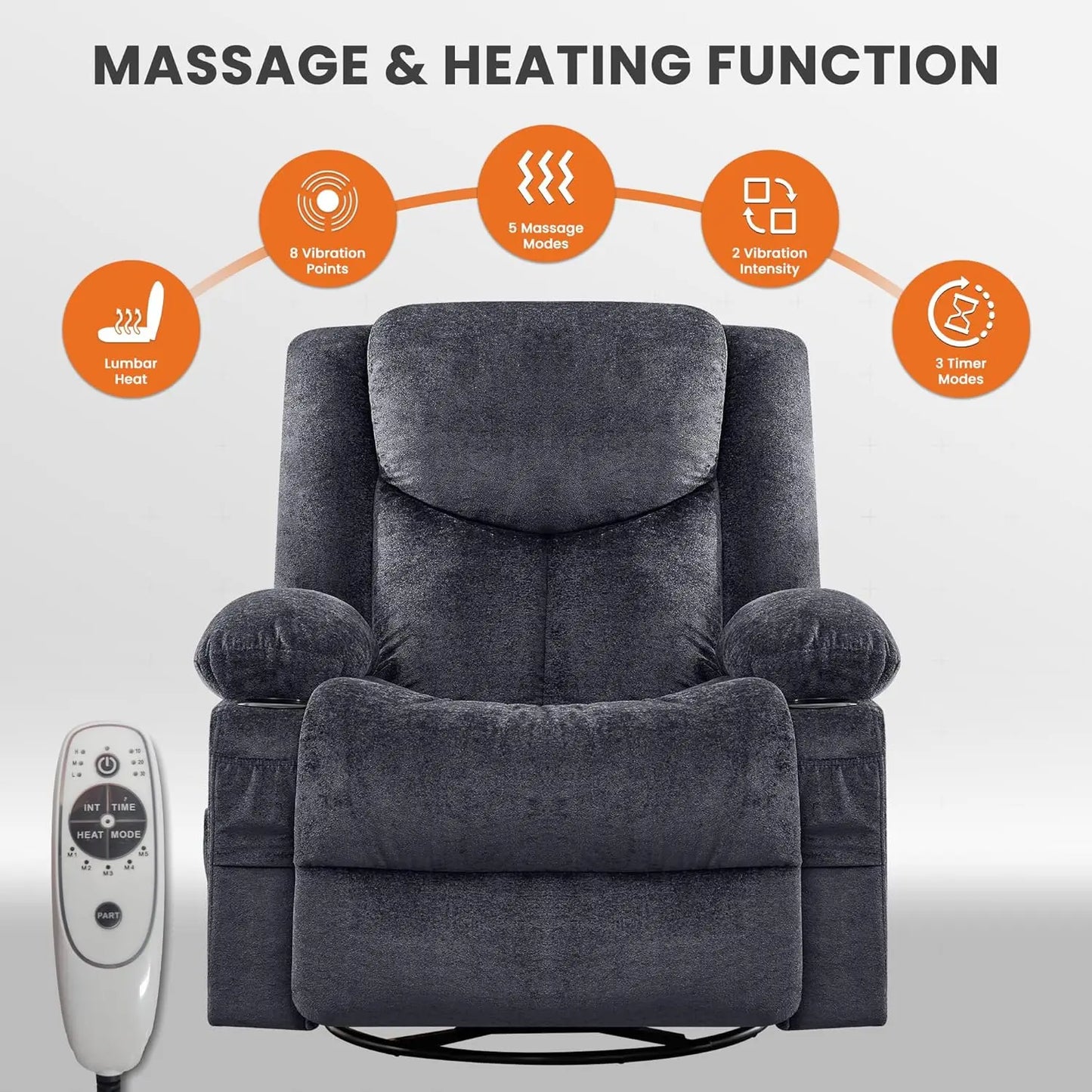 Swivel Recliner Chair w/ Massage & Heat, Rocker, Side Pocket & 2 Cup Holders