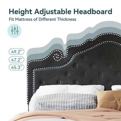 Full/Queen/King Size Velvet Bed Frame with Adjustable Tiara Headboard, Diamond Tufted Upholstered Platform Bed