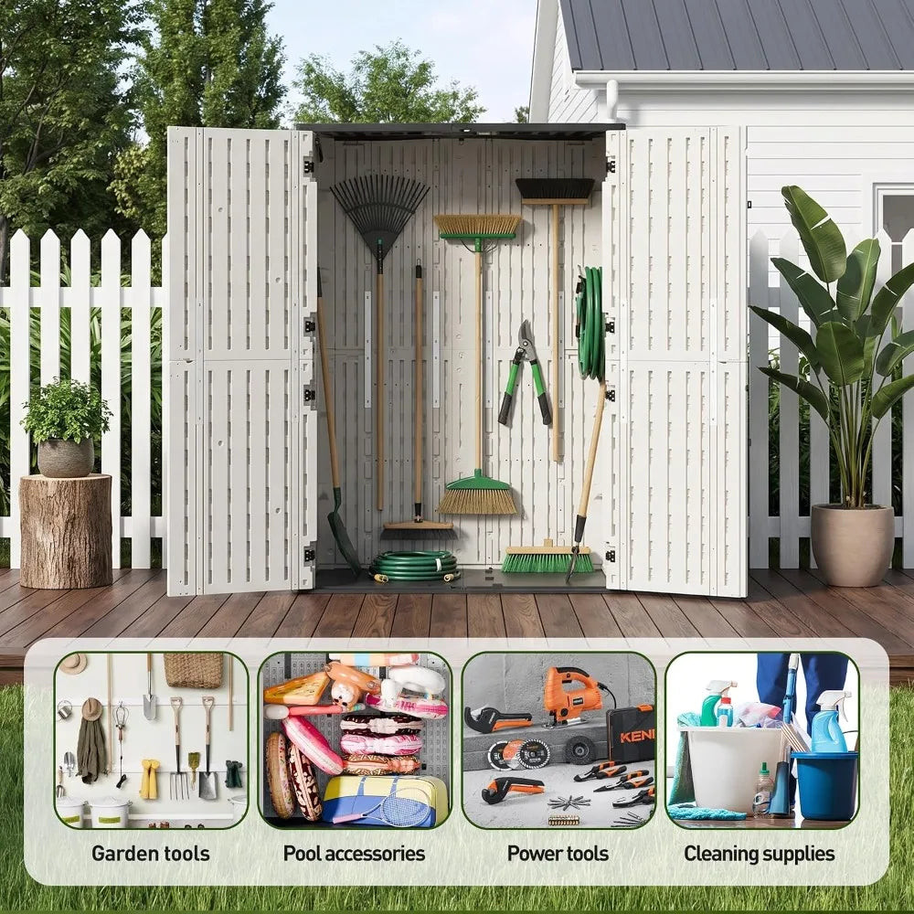 65 Cu.Ft Resin Outdoor Storage Shed with Floor, Weatherproof Plastic Vertical Cabinet for Garden
