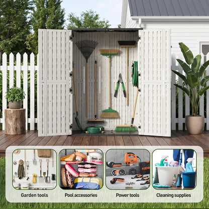 65 Cu.Ft Resin Outdoor Storage Shed with Floor, Weatherproof Plastic Vertical Cabinet for Garden