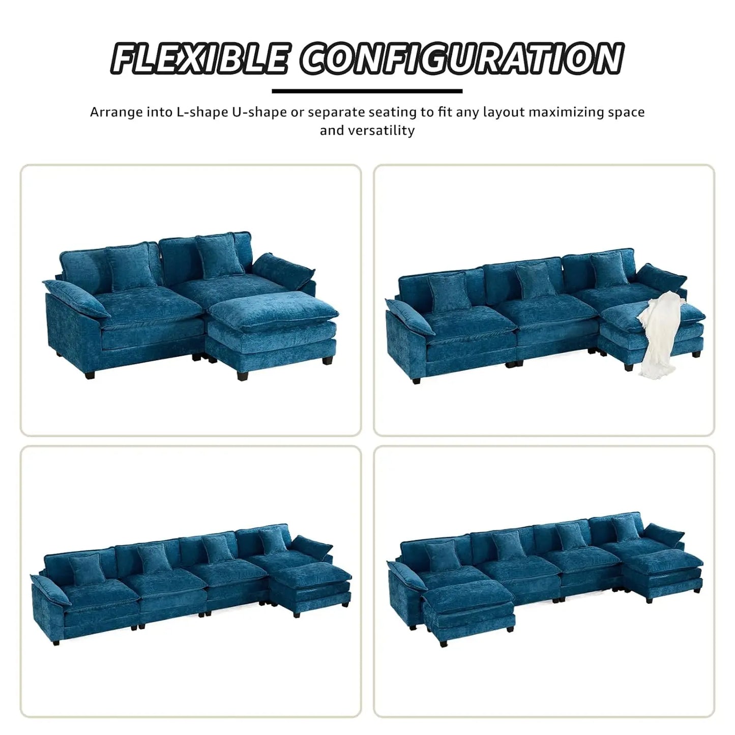 117.9" Modern Sectional Couches for Living Room, Blue Chenille Comfy Cloud Couch