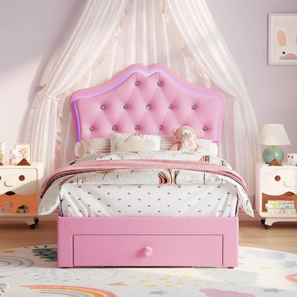 Twin XL Velvet Upholstered Platform Bed Frame With LED Headboard, Crystal Button Tufting, Storage Drawer, Noise Free, No Box Spring